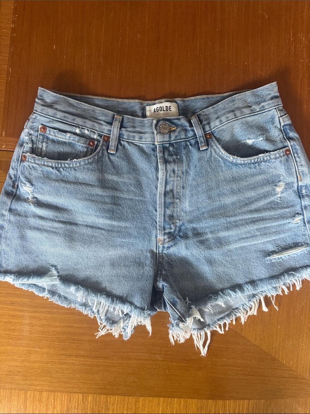 Agolde Light Wash Raw Hem Distressed Denim Shorts